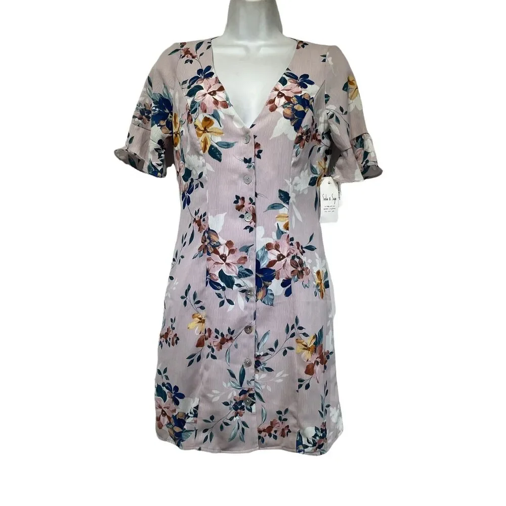 Sadie & Sage Women's Tropical Floral Button Down Pink Dress Size S